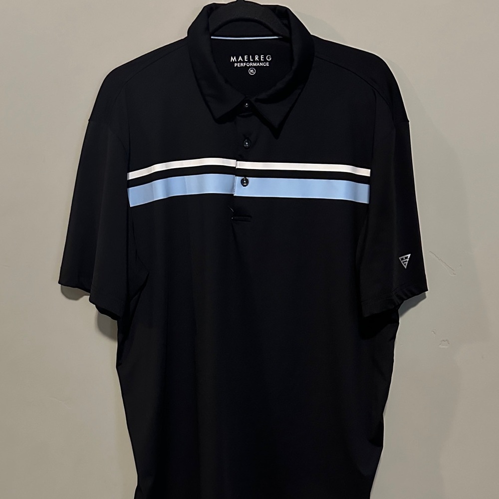 Maelreg Men's Black Polo Shirt with Blue and White Stripes